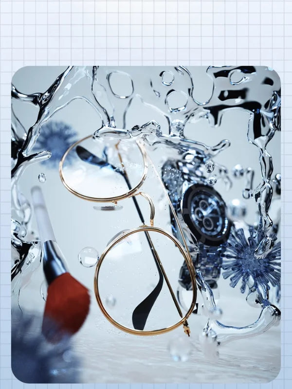 Mobile picture - Eyeglasses and a watch submerged in water during Shinevo ultrasonic cleaning process, highlighting deep cleaning with water splash effect.