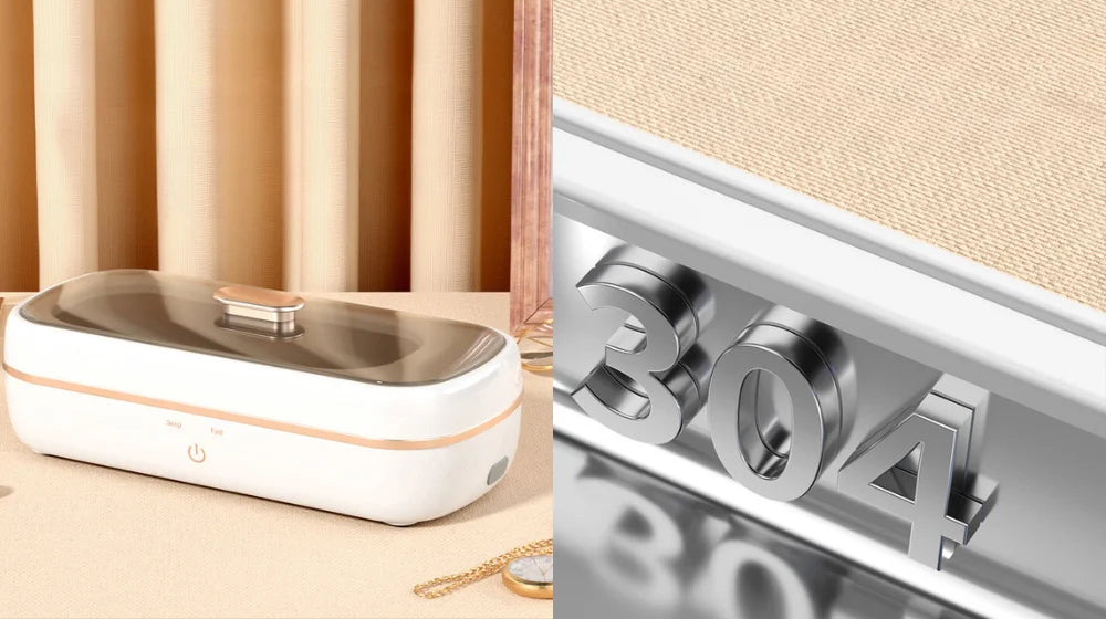 Shinevo ultrasonic cleaner with 304 stainless steel design, displayed on a dressing table, highlighting durable materials.