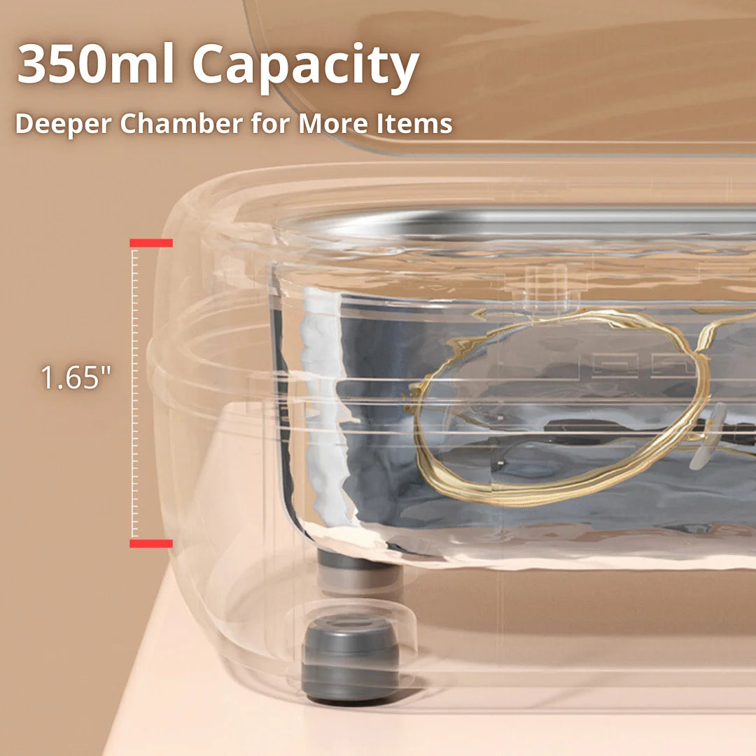 Shinevo ultrasonic cleaner with 350ml capacity and a 1.65-inch deep chamber, designed for cleaning larger items like glasses and jewelry.