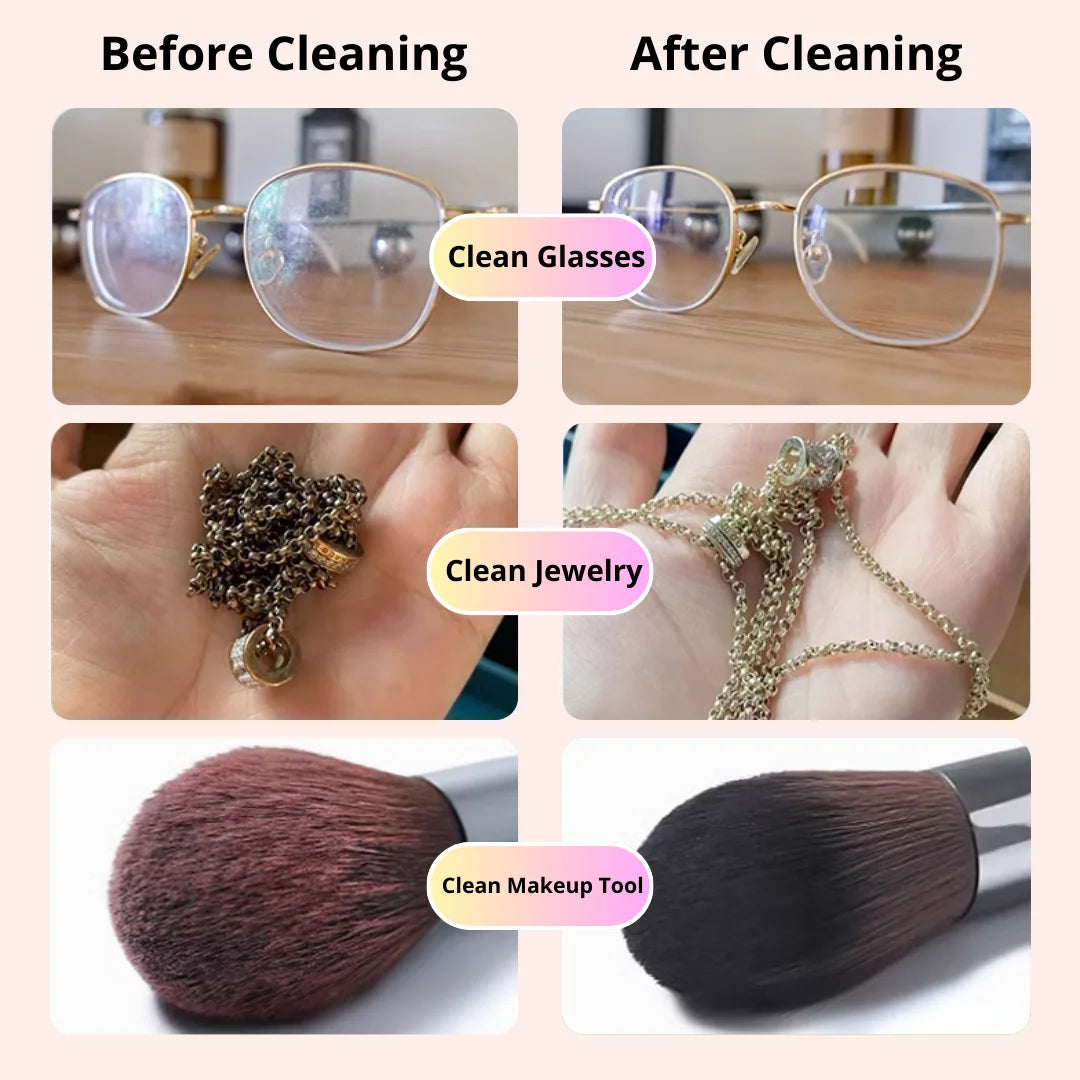 Before and after cleaning results using Shinevo ultrasonic cleaner for glasses, jewelry, and makeup tools, showing improved cleanliness.