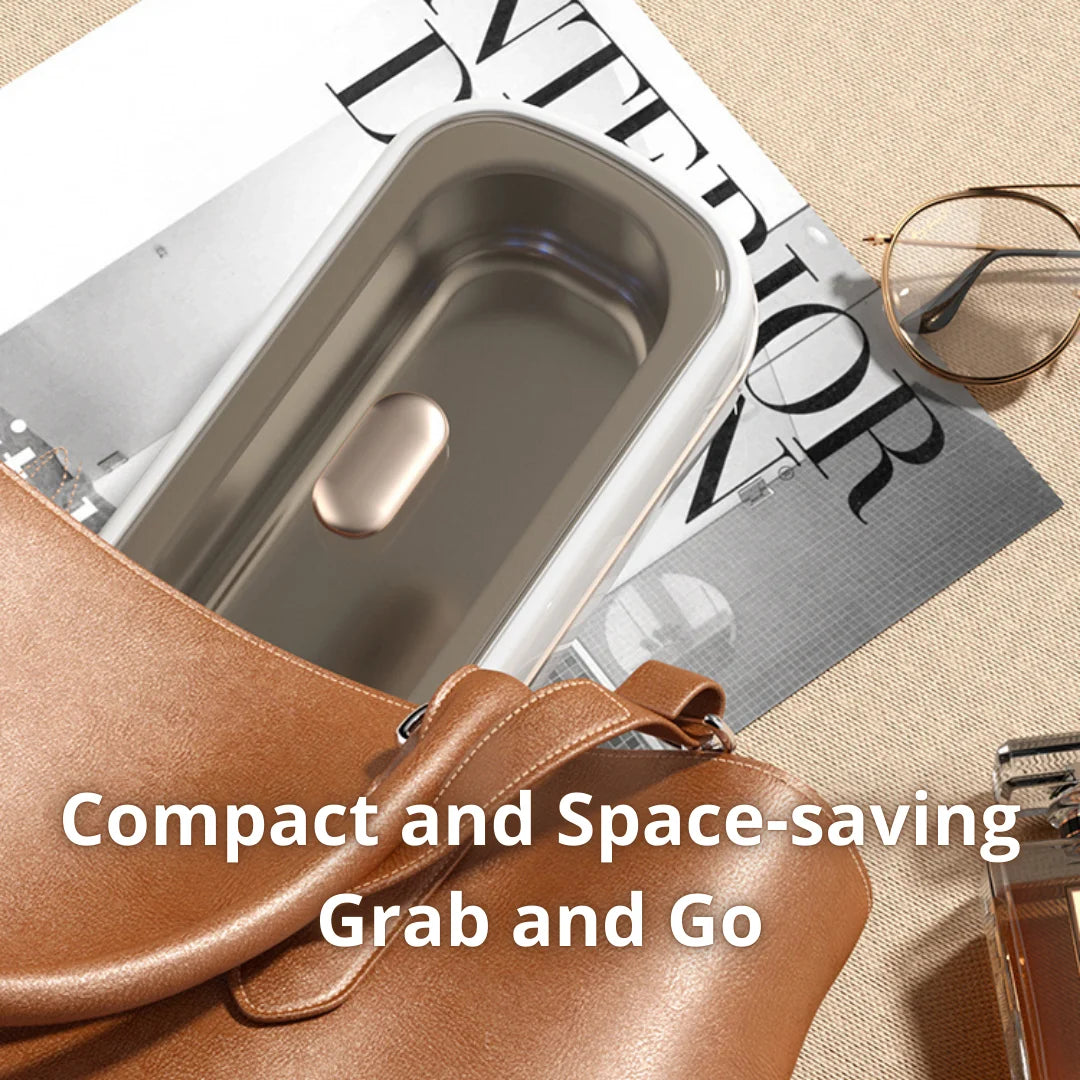 Shinevo ultrasonic cleaner placed in a handbag, showcasing its compact and space-saving design for easy portability.