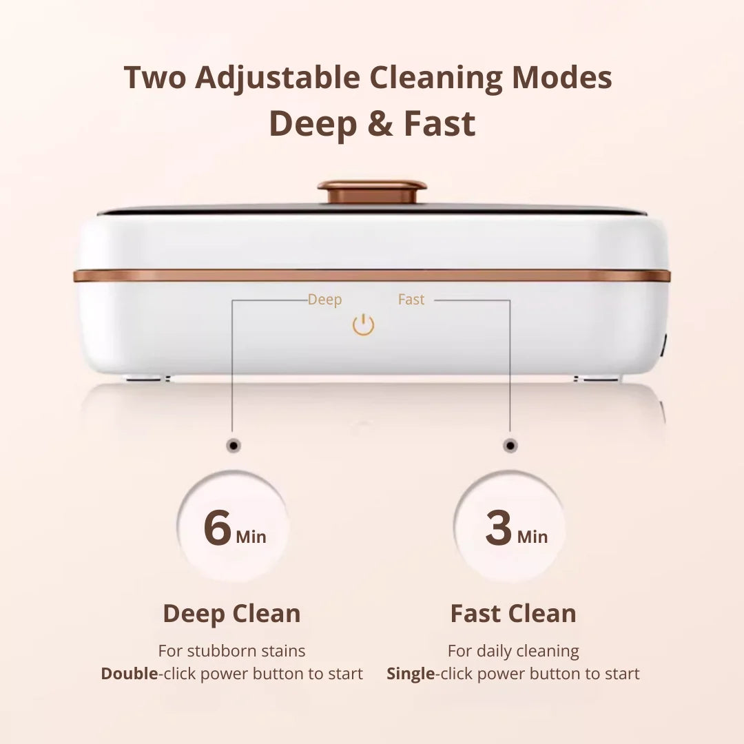 Shinevo ultrasonic cleaner showcasing two adjustable cleaning modes: Deep Clean (6 minutes) for stubborn stains and Fast Clean (3 minutes) for daily cleaning.