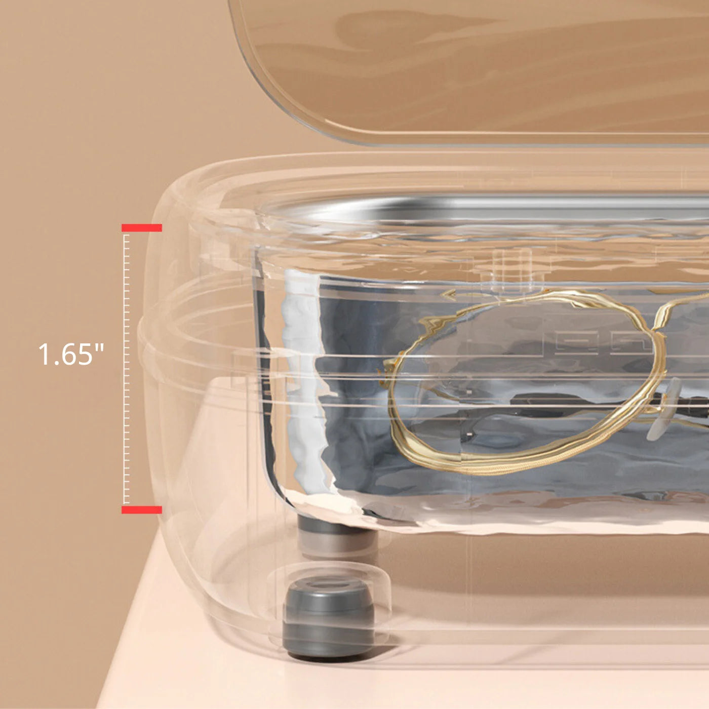 Shinevo ultrasonic cleaner displaying internal dimensions of 1.65 inches with eyeglasses inside for cleaning.