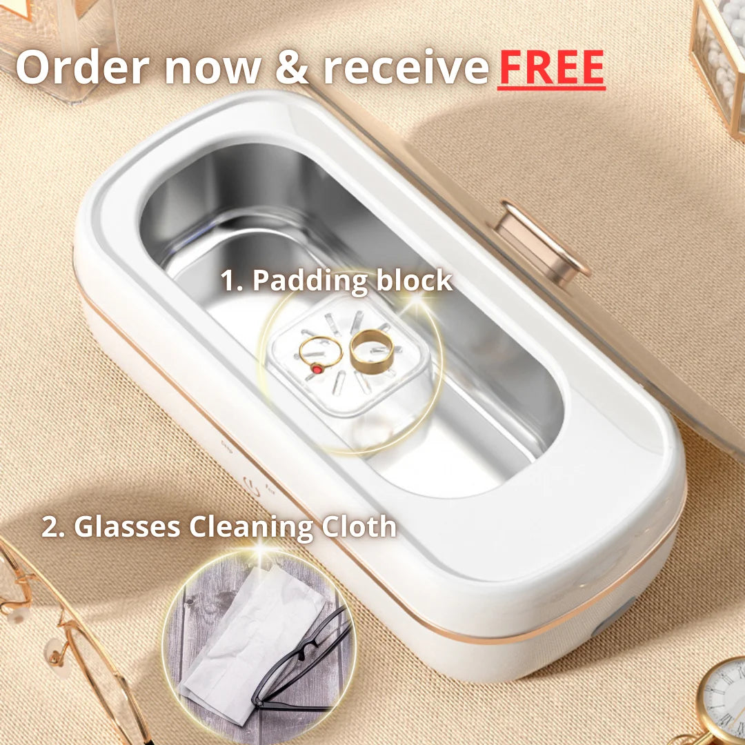 Shinevo ultrasonic cleaner promotional offer, including free padding block and glasses cleaning cloth with purchase.