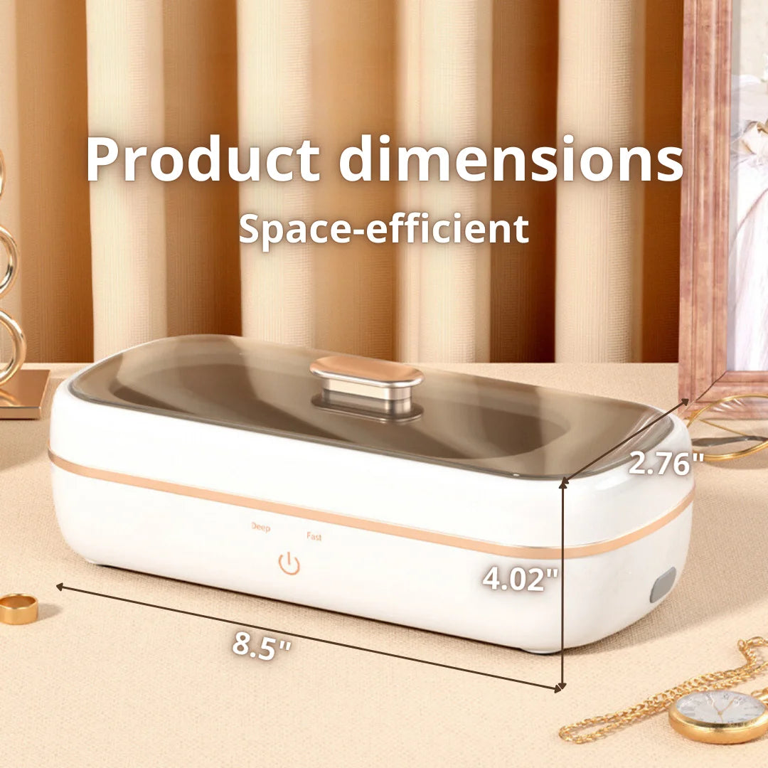 Shinevo ultrasonic cleaner showing product dimensions of 8.5 inches by 4.02 inches by 2.76 inches, designed to be space-efficient.