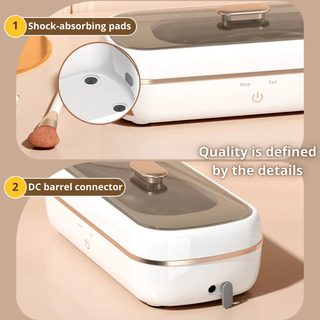 Shinevo ultrasonic cleaner highlighting quality details such as shock-absorbing pads and a DC barrel connector for stability and efficient operation.